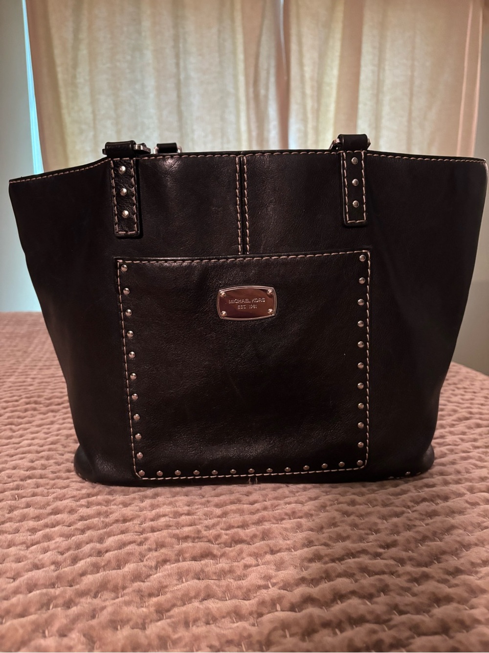 Michael Kors Black Leather Tote with Stud Accents